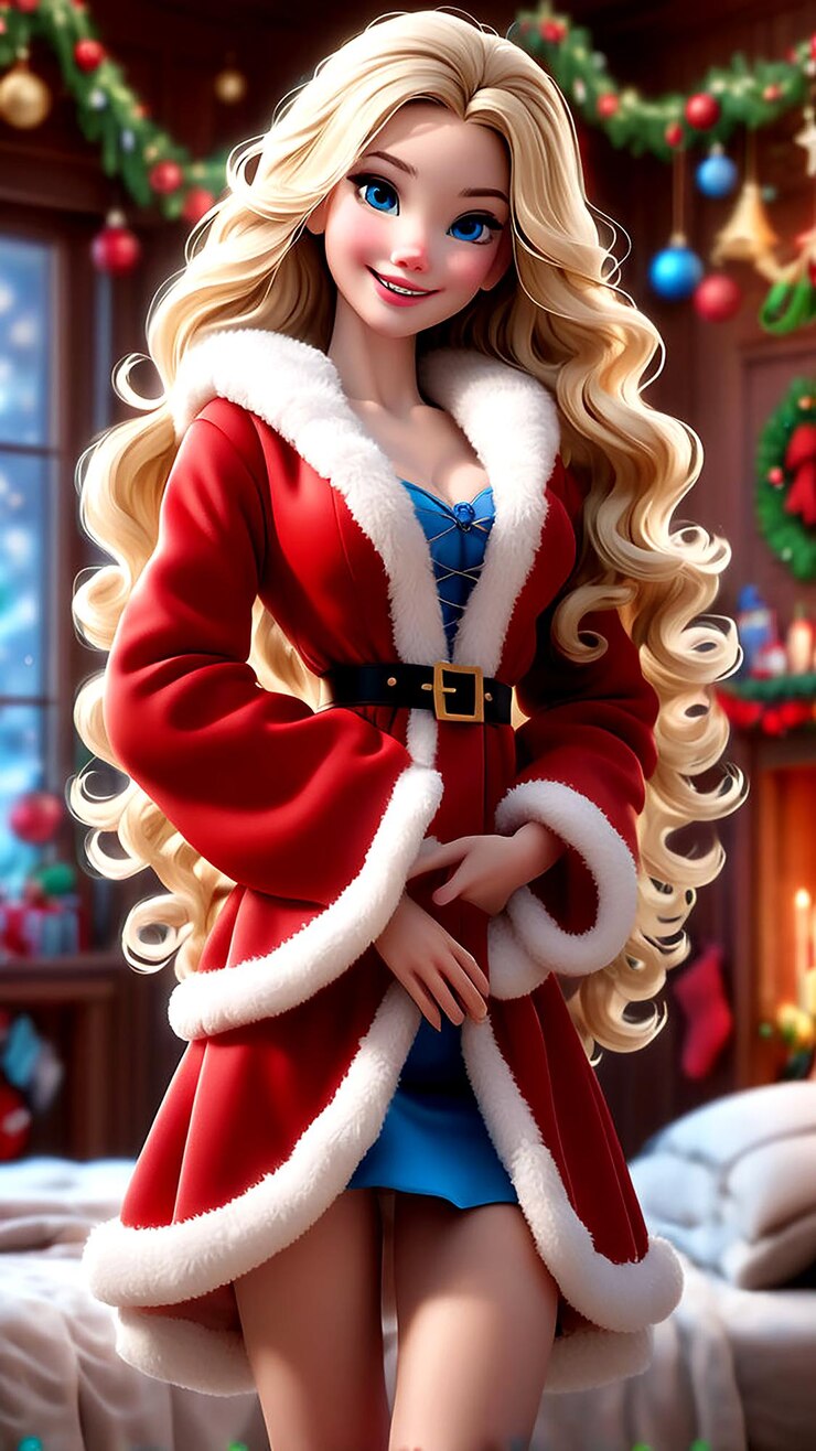 una muñeca con un traje de Santa Claus está de pie frente a una ventana
