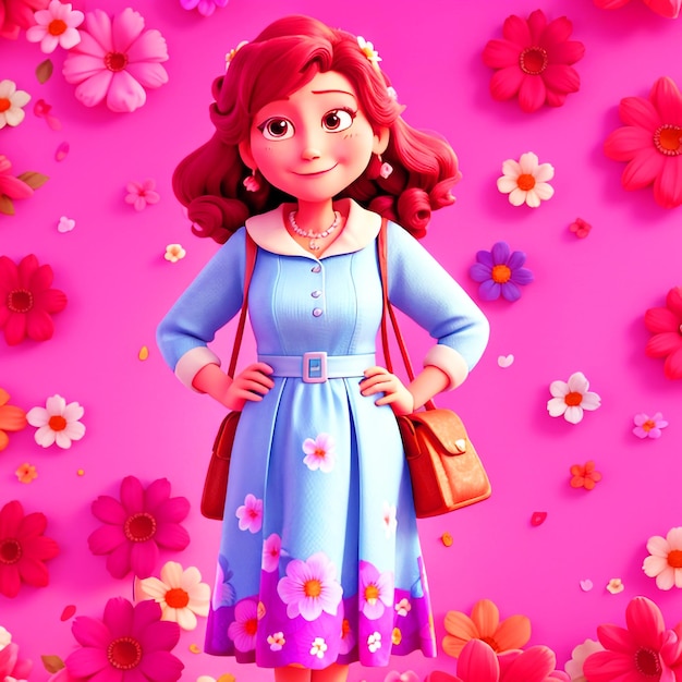 una muñeca con un vestido azul y un fondo rosa con flores