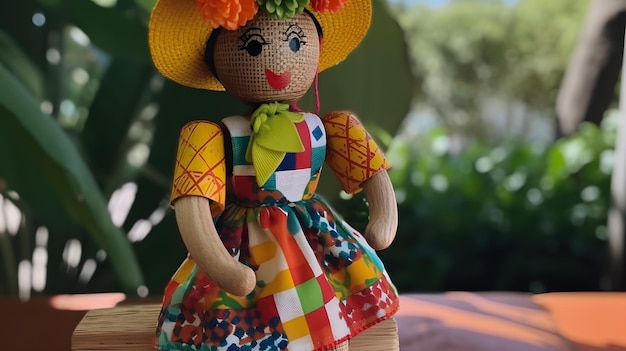 Una muñeca con un vestido colorido que dice 'la casa'