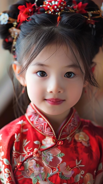 una muñeca con un vestido rojo y una corona de flores generativa ai