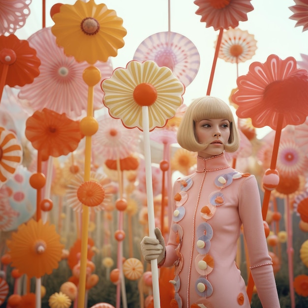 una muñeca con un vestido rosa y algunas flores de naranja