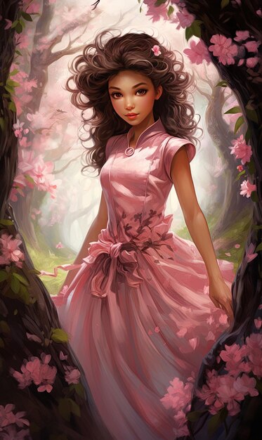 una muñeca con un vestido rosa y una flor en el fondo