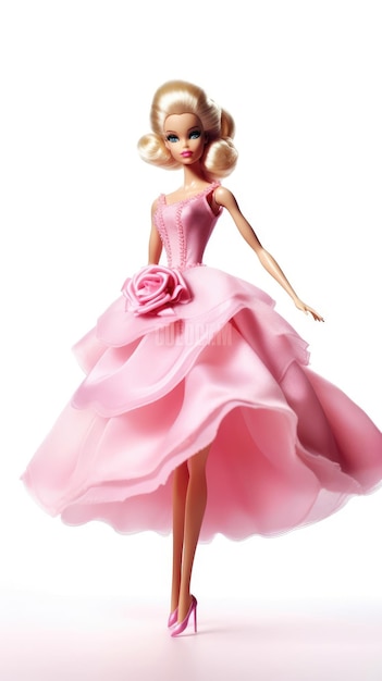 Una muñeca con un vestido rosa y una rosa en la parte inferior.