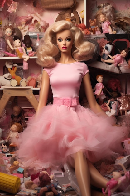 Foto una muñeca con un vestido rosa y un vestido rosa está parada frente a un estante de muñecas.