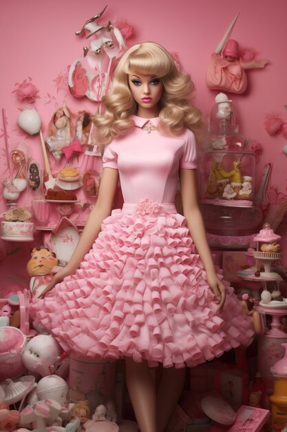 Foto una muñeca con un vestido rosa y un vestido rosado con una muñeca en el fondo.