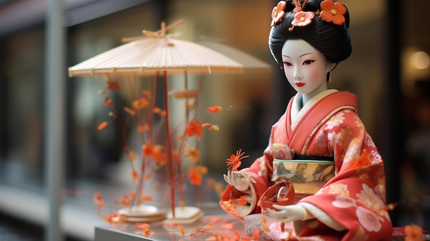 Foto muñecas hina en kimono y ceremonia del té japonesa