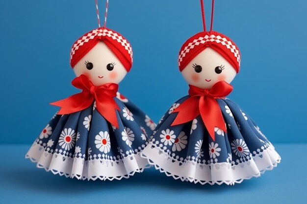 Muñecas rojas y blancas de Martisor en forma de hombre y mujer sobre un fondo azul