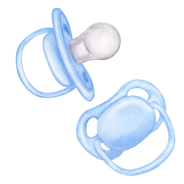 Muñeco de chupete azul para niño Baño de bebé fiesta de revelación de género Ilustración de acuarela dibujada a mano aislada sobre fondo blanco Colección para bebé recién nacido