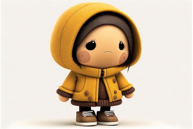 Un muñeco de juguete con una chaqueta amarilla que dice 'soy un niño'