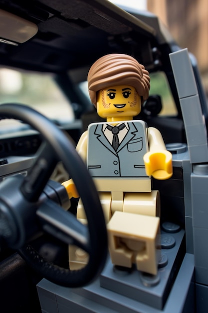 Un muñeco LEGO hombre sentado en un coche