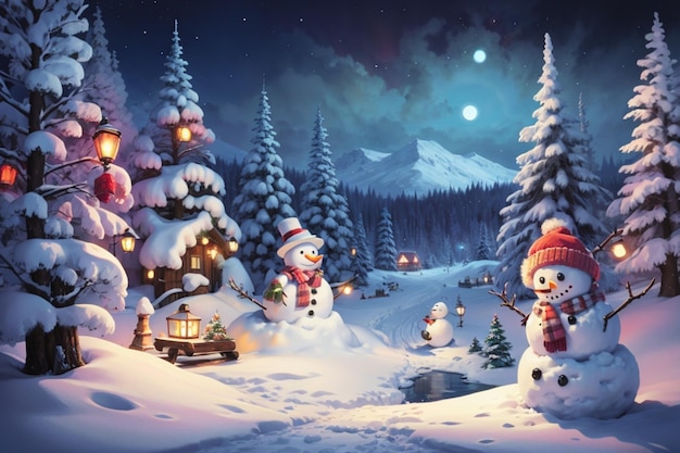 muñeco de nieve en un ambiente invernal decorado con fuegos artificiales de año nuevo generados por IA