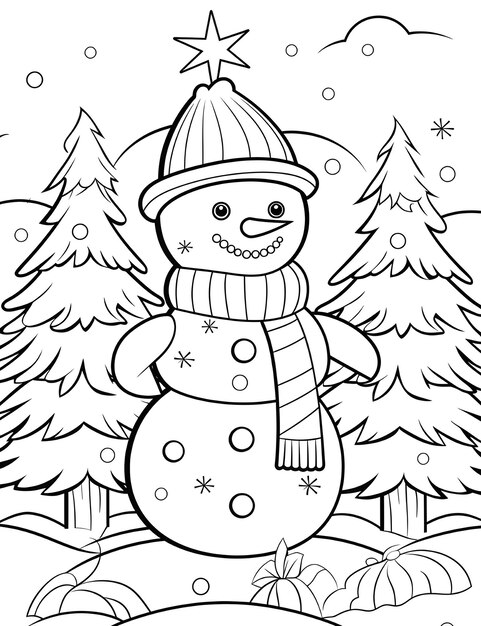 Un muñeco de nieve y un árbol de Navidad en una escena nevada para colorear Página para niños