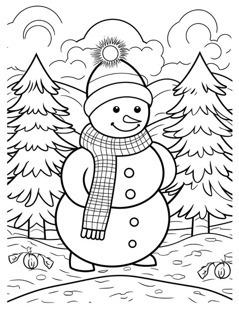 Foto un muñeco de nieve y un árbol de navidad en una escena nevada para colorear página para niños