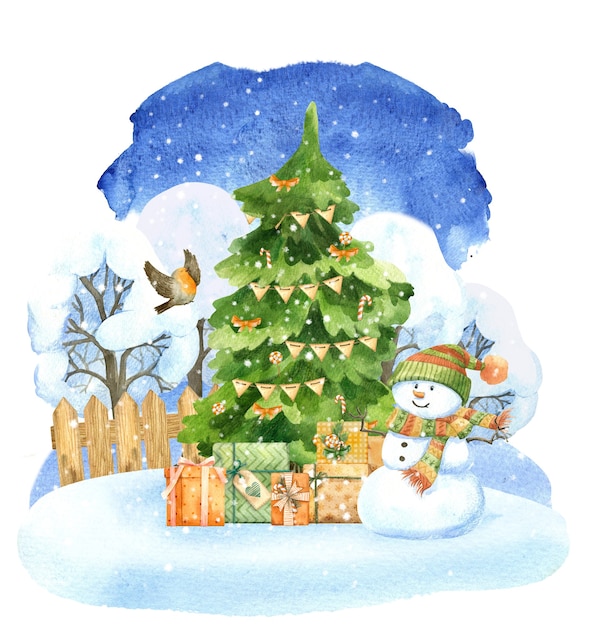 muñeco de nieve árbol de navidad paisaje tarjeta acuarela ilustración