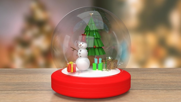 El muñeco de nieve y el árbol de Navidad en representación 3d de bola de cristal