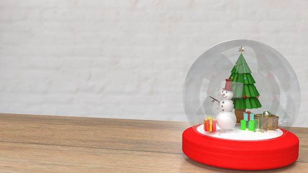 El muñeco de nieve y el árbol de Navidad en representación 3d de bola de cristal