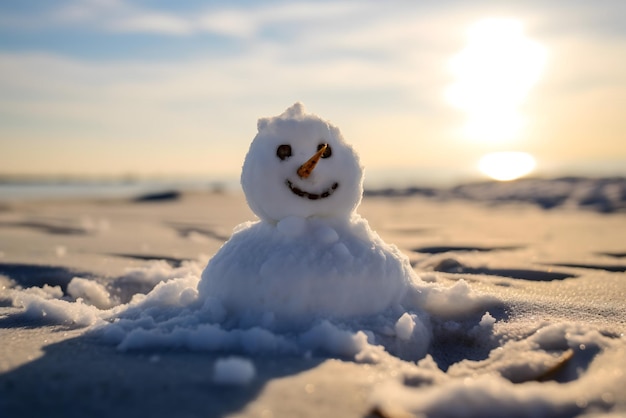 Muñeco de nieve en la arena al atardecer