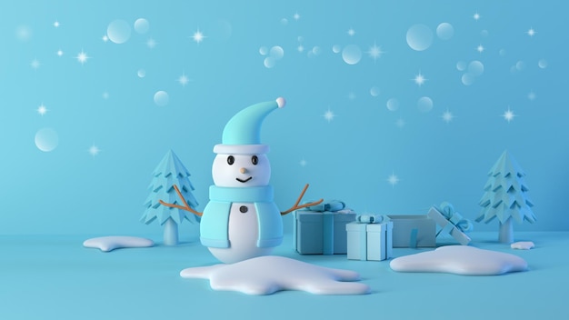 Muñeco de nieve azul con cajas de regalo en temporada fría Ilustración 3d para Navidad y Año Nuevo