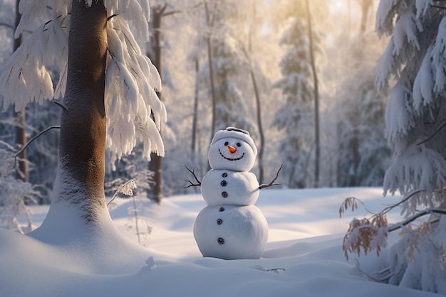 Un muñeco de nieve en un bosque invernal.