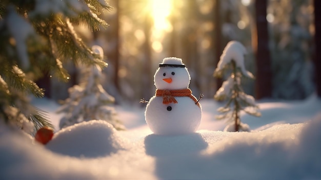 Un muñeco de nieve en el bosque con nieve en el suelo.
