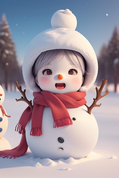Un muñeco de nieve con una bufanda roja y un sombrero rojo está parado en la nieve.
