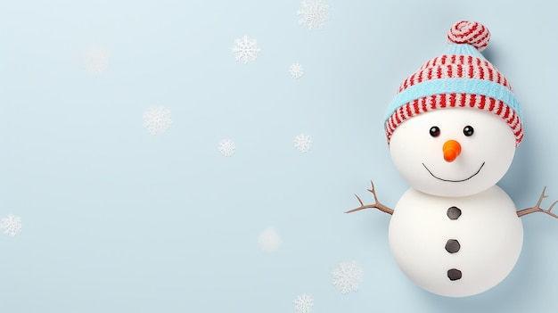 Muñeco de nieve con bufanda y sombrero sobre fondo liso