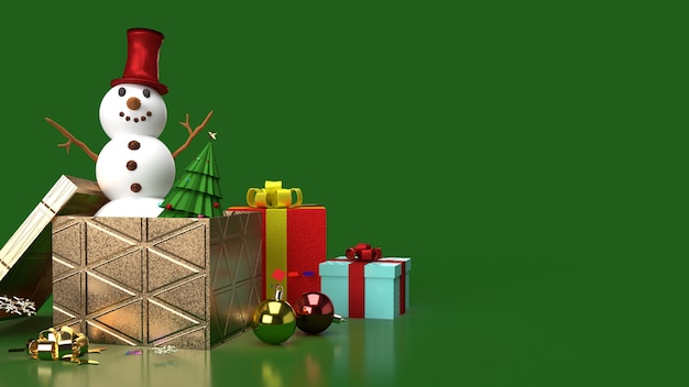 El muñeco de nieve y cajas de regalo para contenido navideño renderizado 3d