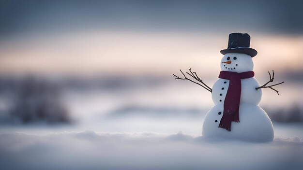 Muñeco de nieve en un campo nevado al atardecer Concepto de Navidad y Año Nuevo