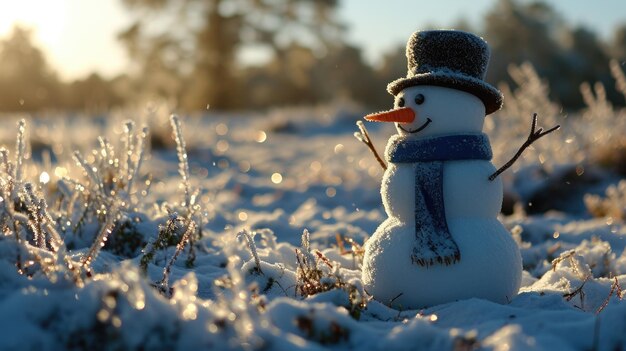 Muñeco de nieve en campo nevado