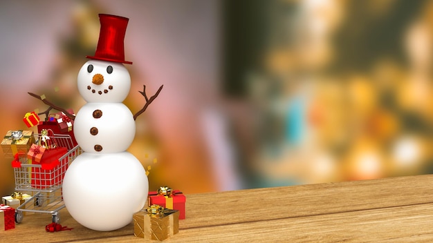 El muñeco de nieve y el carrito de compras para el concepto de vacaciones 3d renderizado