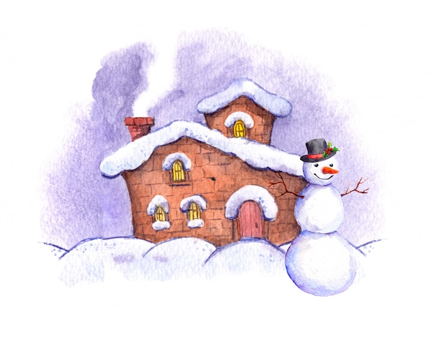 Muñeco de nieve y casa de invierno Acuarela