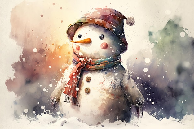Muñeco de nieve decorado feliz con sombrero y bufanda en vacaciones de temporada nevadas de invierno Acuarela ilustración de navidad ai generativo
