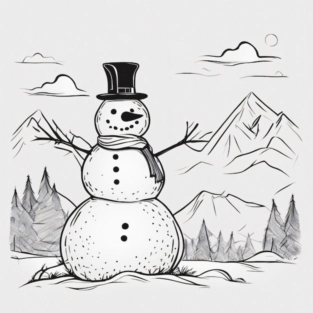 muñeco de nieve dibujado a mano en arte lineal de estilo doodle simple