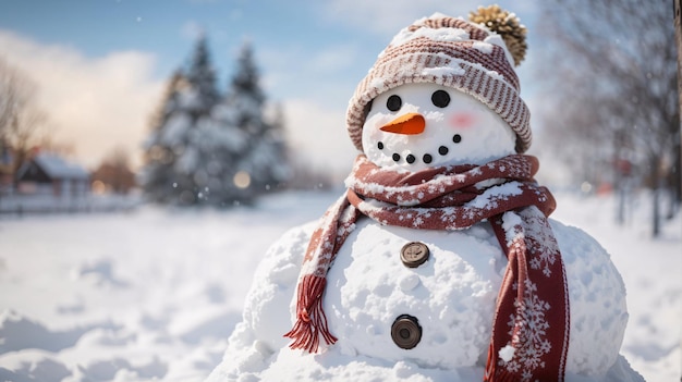 Muñeco de nieve divertido y amigable con bufanda roja en el patio trasero de invierno con nieve