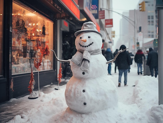 Muñeco de nieve en el escaparate de acanto de la ciudad decorado para Navidad generado ai