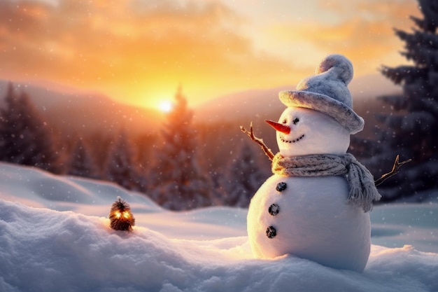 Muñeco de nieve en una escena navideña de invierno con pinos nevados y luz cálida Fondo de Feliz Navidad