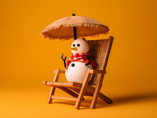 Un muñeco de nieve está sentado en una silla de playa con una sombrilla.