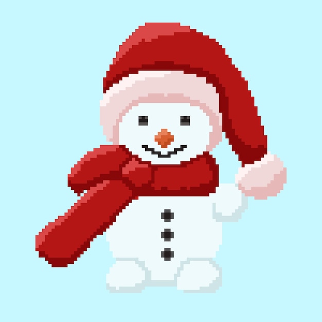 Muñeco de nieve en estilo pixel art en el fondo azul