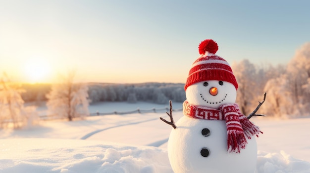 Muñeco de nieve feliz en un paisaje nevado