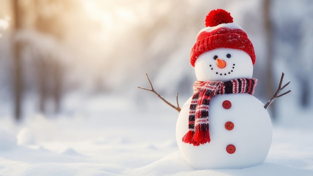 Muñeco de nieve feliz en un paisaje nevado