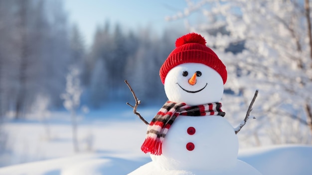 Muñeco de nieve feliz en un paisaje nevado