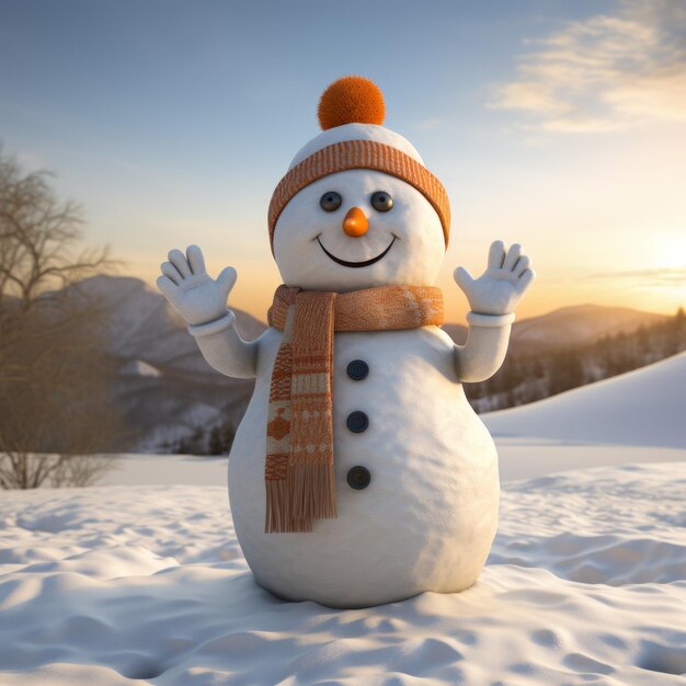 Un muñeco de nieve feliz de pie en un campo nevado