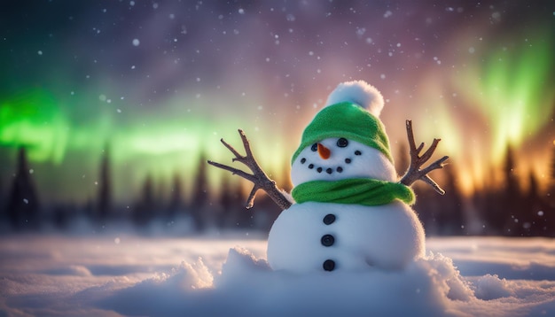 Muñeco de nieve festivo con una impresionante aurora boreal como telón de fondo en un