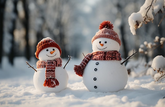 Muñeco de nieve con un fondo cubierto de nieve