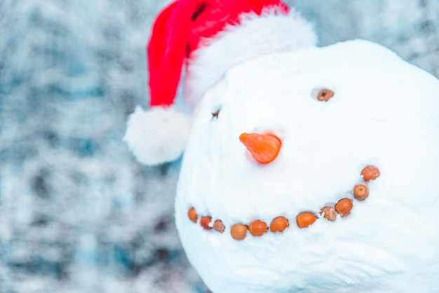 Muñeco de nieve con gorro de Papá Noel de cerca el horario de invierno