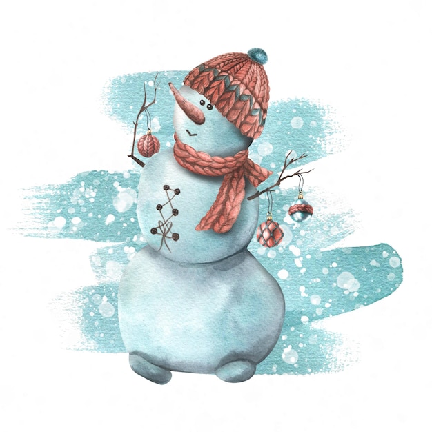 Un muñeco de nieve con un gorro de punto una bufanda con bolas de árbol de Navidad en juguetes de ramas contra el fondo de una mancha de acuarela Ilustración de acuarela La composición de un gran conjunto de INVIERNO ACOGEDOR