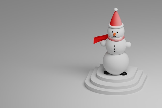 Muñeco de nieve de invierno de Navidad con sombrero rojo y bufanda de pie sobre pedestal