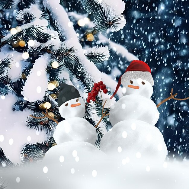 Muñeco de nieve de invierno de Navidad con sombrero rojo de Papá Noel cerca de un pino cubierto por una plantilla de tarjeta de felicitación de nieve