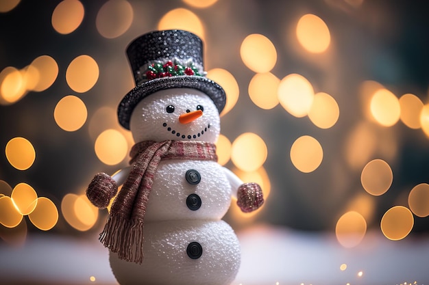 Muñeco de nieve de juguete contra un fondo de imagen de luces navideñas que tiene un espacio de copia