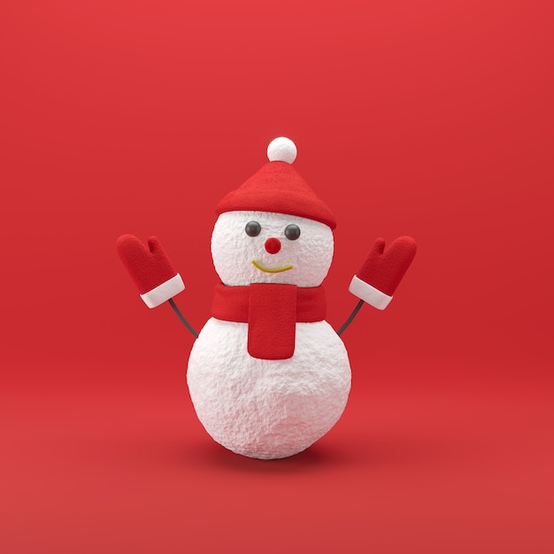 Muñeco de nieve levante las manos sobre fondo rojo. Concepto festivo de Navidad de santa claus. Concepto de idea mínima Navidad. Render 3D.